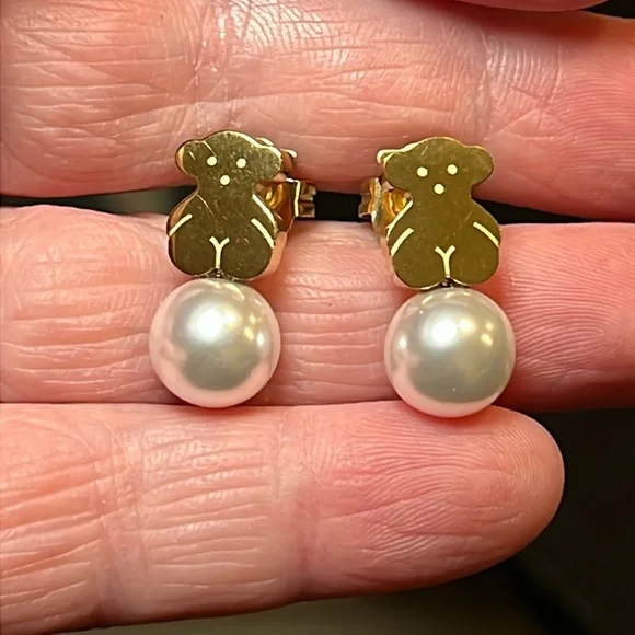 Gold Teddy Bear Faux Pearl Stud Earrings - Style of Tous - Picture 3 of 3